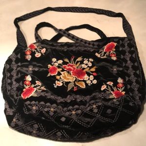 Johnny Was Black Velvet Tote Bag Rose Embroidery